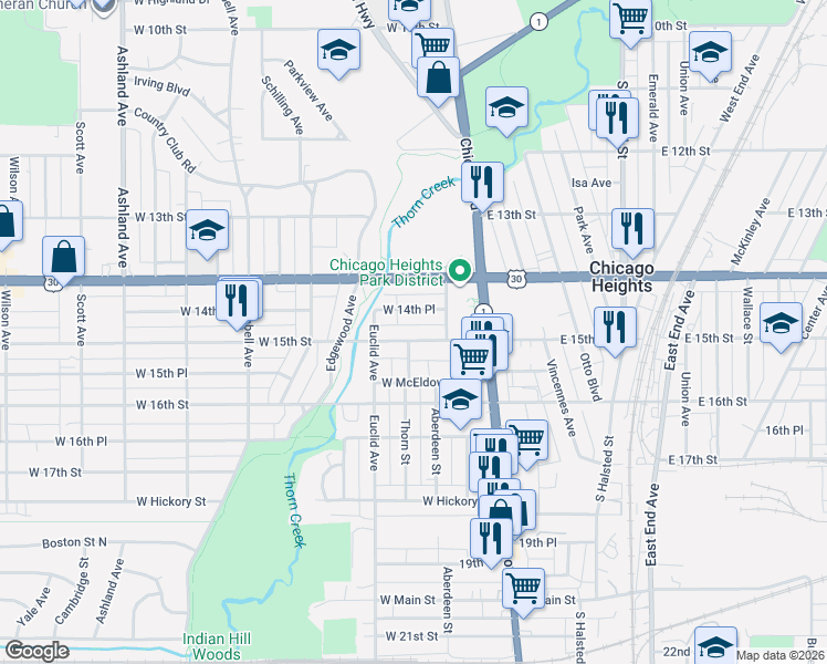 map of restaurants, bars, coffee shops, grocery stores, and more near 54 West 14th Place in Chicago Heights