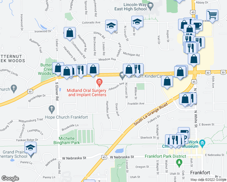 map of restaurants, bars, coffee shops, grocery stores, and more near 452 Johnson Avenue in Frankfort