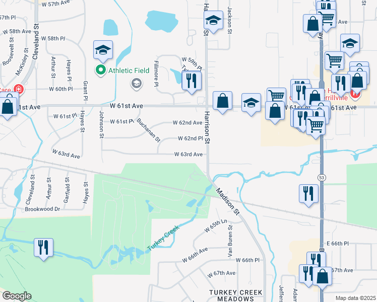 map of restaurants, bars, coffee shops, grocery stores, and more near 918 West 63rd Avenue in Merrillville