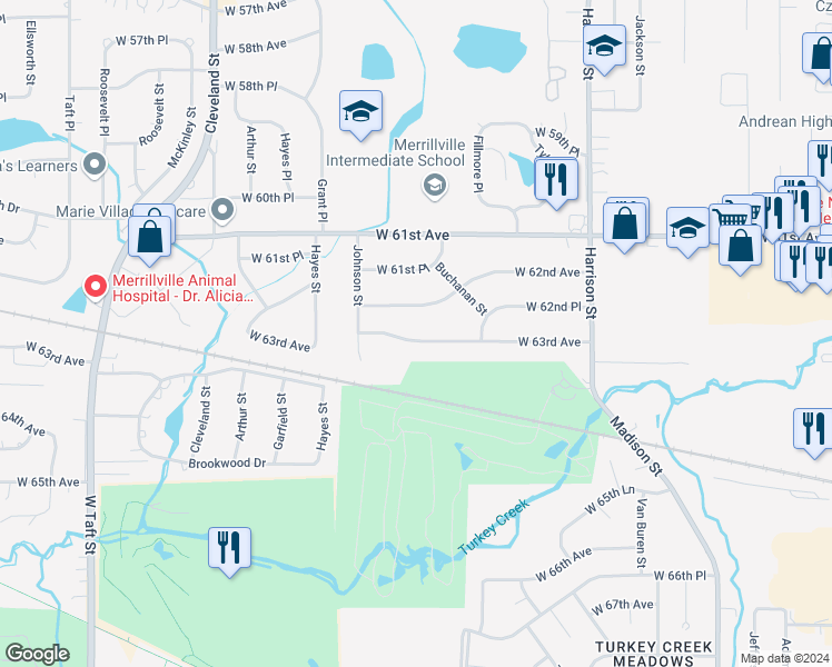 map of restaurants, bars, coffee shops, grocery stores, and more near 1326 West 63rd Avenue in Merrillville