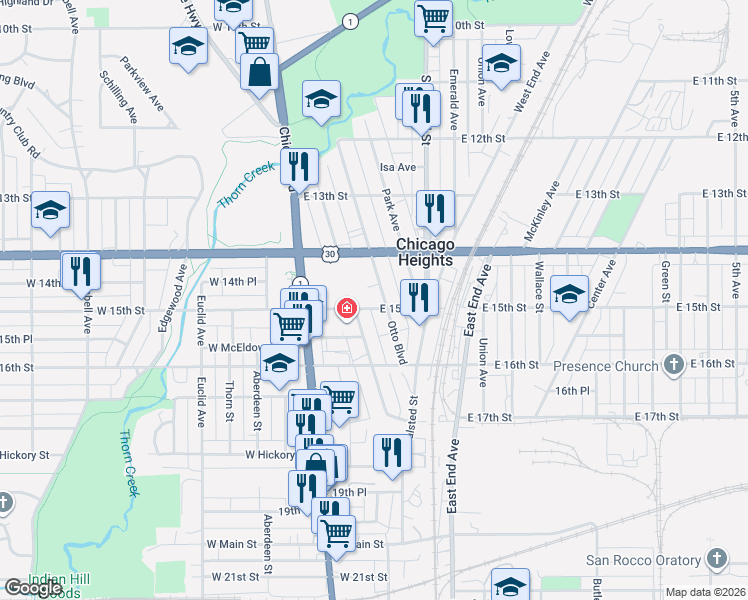 map of restaurants, bars, coffee shops, grocery stores, and more near 1446 Otto Boulevard in Chicago Heights