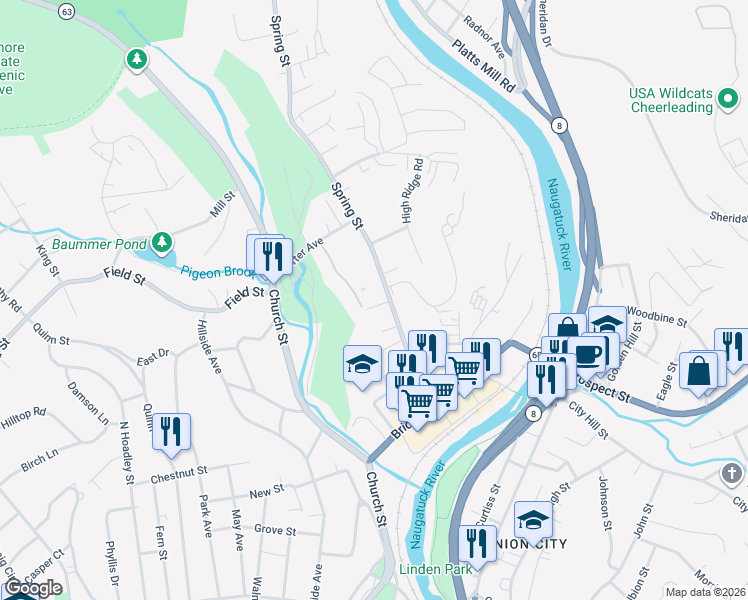 map of restaurants, bars, coffee shops, grocery stores, and more near 206 Spring Street in Naugatuck