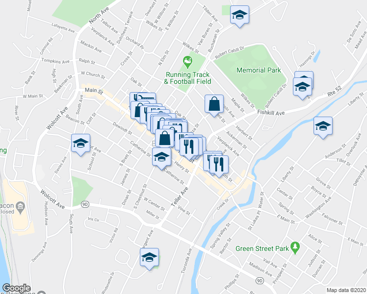 map of restaurants, bars, coffee shops, grocery stores, and more near 23 Eliza Street in Beacon