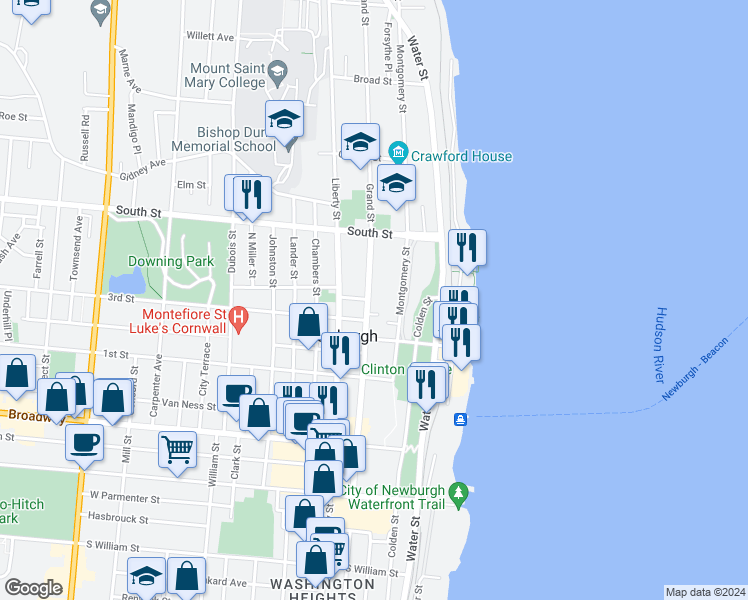 map of restaurants, bars, coffee shops, grocery stores, and more near 160A Grand Street in Newburgh