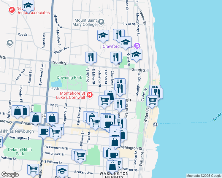 map of restaurants, bars, coffee shops, grocery stores, and more near 123 Chambers Street in Newburgh