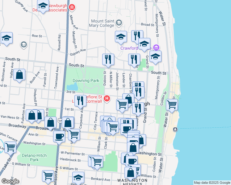 map of restaurants, bars, coffee shops, grocery stores, and more near 44 Farrington Street in Newburgh