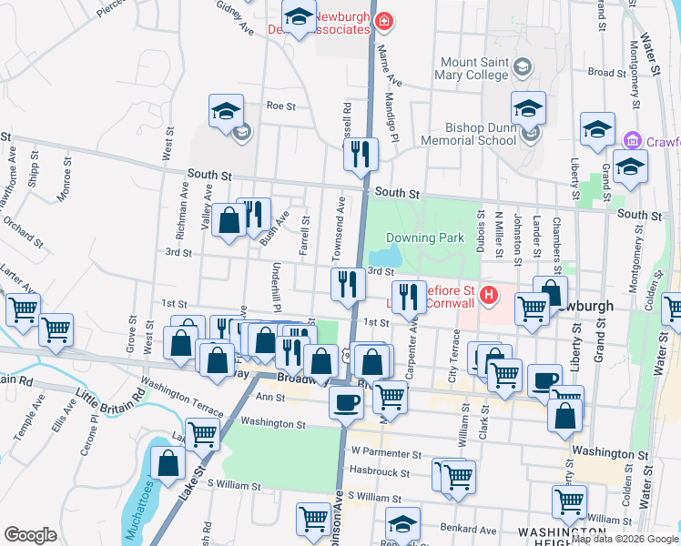 map of restaurants, bars, coffee shops, grocery stores, and more near 23 Townsend Avenue in Newburgh