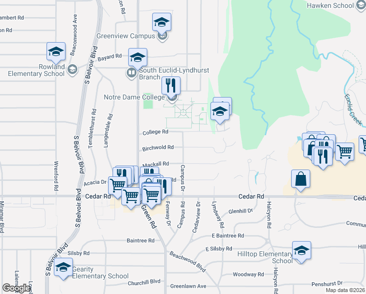 map of restaurants, bars, coffee shops, grocery stores, and more near 2010 Campus Road in South Euclid