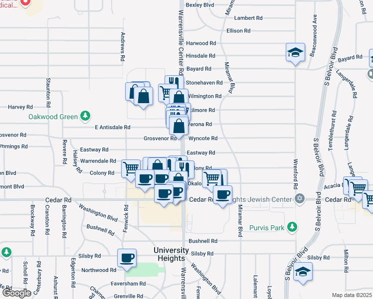 map of restaurants, bars, coffee shops, grocery stores, and more near 4016 Wyncote Road in South Euclid