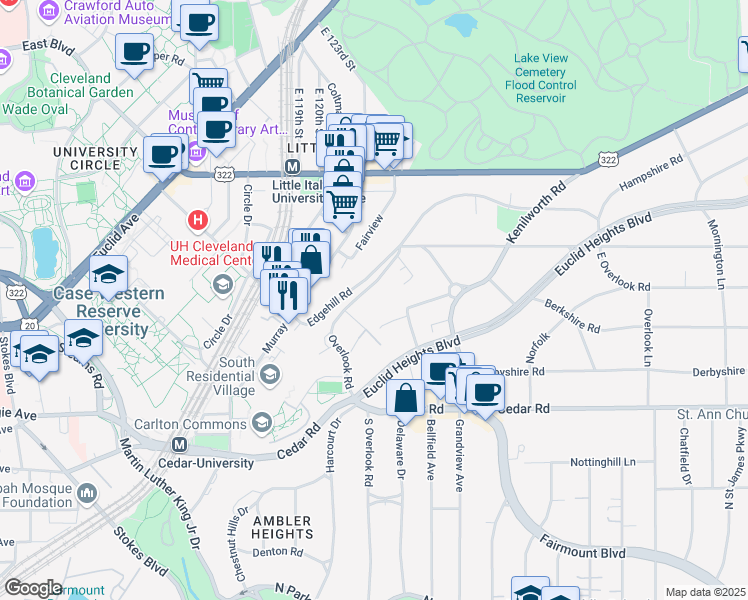 map of restaurants, bars, coffee shops, grocery stores, and more near 2300 Overlook Road in Cleveland Heights