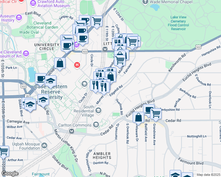 map of restaurants, bars, coffee shops, grocery stores, and more near 2154 Murray Hill Road in Cleveland