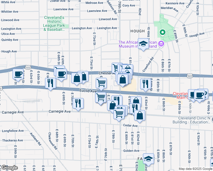 map of restaurants, bars, coffee shops, grocery stores, and more near 1967 East 75th Street in Cleveland