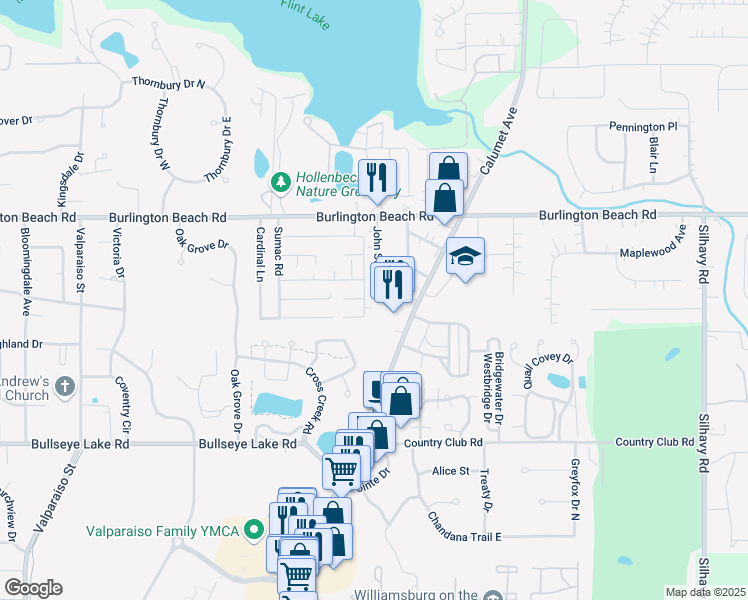 map of restaurants, bars, coffee shops, grocery stores, and more near 4019-4089 Wildwood Rd in Valparaiso