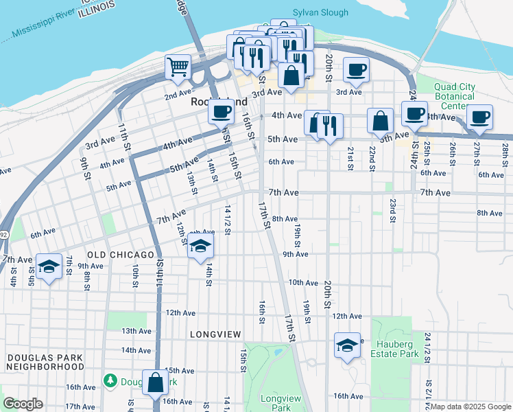 map of restaurants, bars, coffee shops, grocery stores, and more near in Rock Island