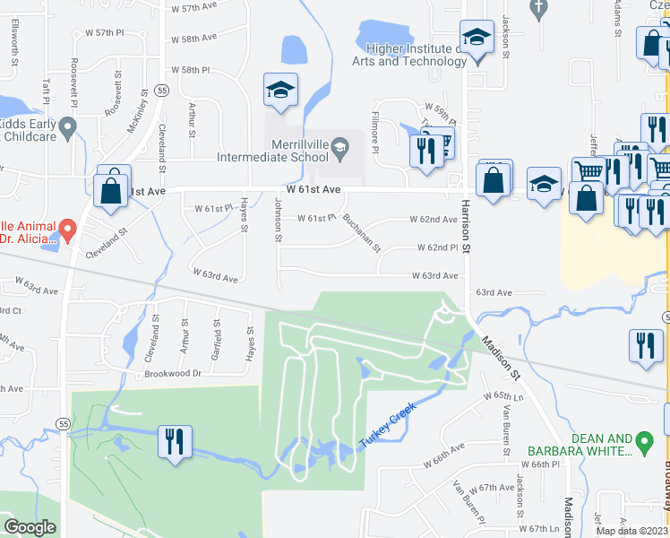 map of restaurants, bars, coffee shops, grocery stores, and more near 1314 West 63rd Avenue in Merrillville