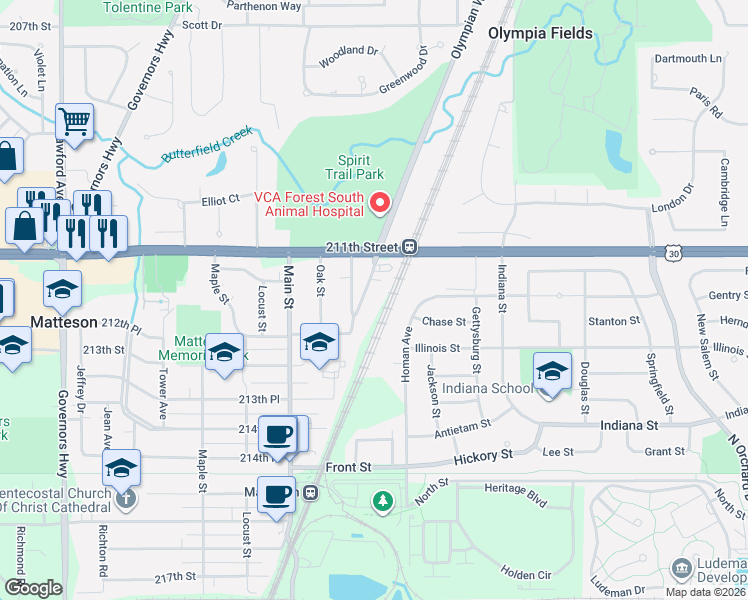 map of restaurants, bars, coffee shops, grocery stores, and more near 21129 Dettmering Street in Matteson