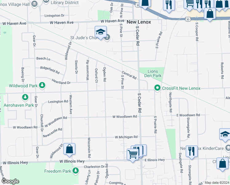 map of restaurants, bars, coffee shops, grocery stores, and more near 224 West Joliet Highway in New Lenox