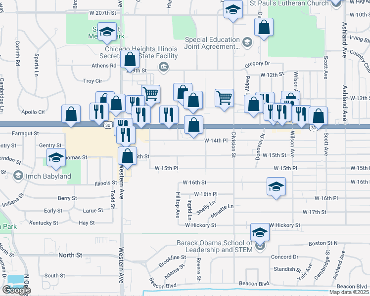 map of restaurants, bars, coffee shops, grocery stores, and more near 610 West 14th Place in Chicago Heights
