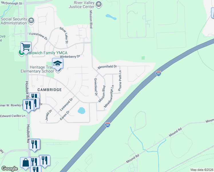 map of restaurants, bars, coffee shops, grocery stores, and more near 911 Meadowsedge Lane in Joliet