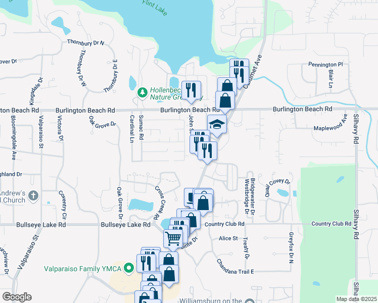 map of restaurants, bars, coffee shops, grocery stores, and more near 4019-4089 Wildwood Rd in Valparaiso