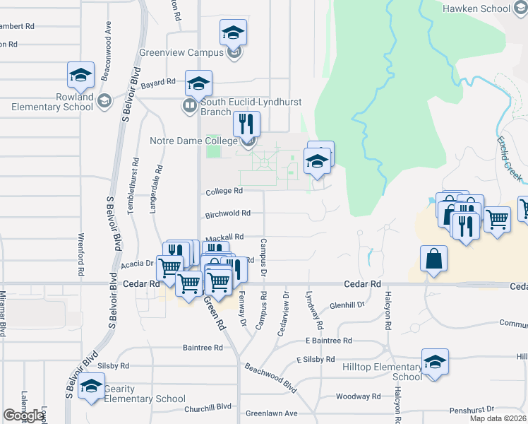 map of restaurants, bars, coffee shops, grocery stores, and more near 2010 Campus Road in South Euclid