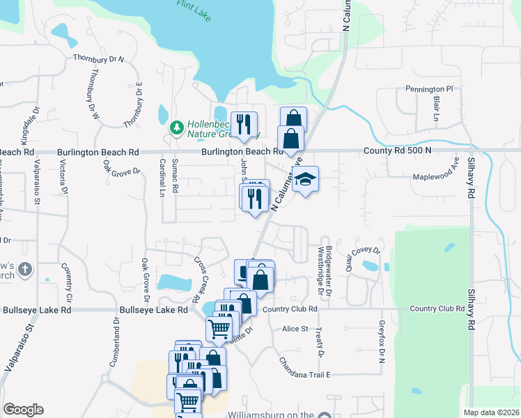 map of restaurants, bars, coffee shops, grocery stores, and more near 4001-4199 Charles Street in Valparaiso