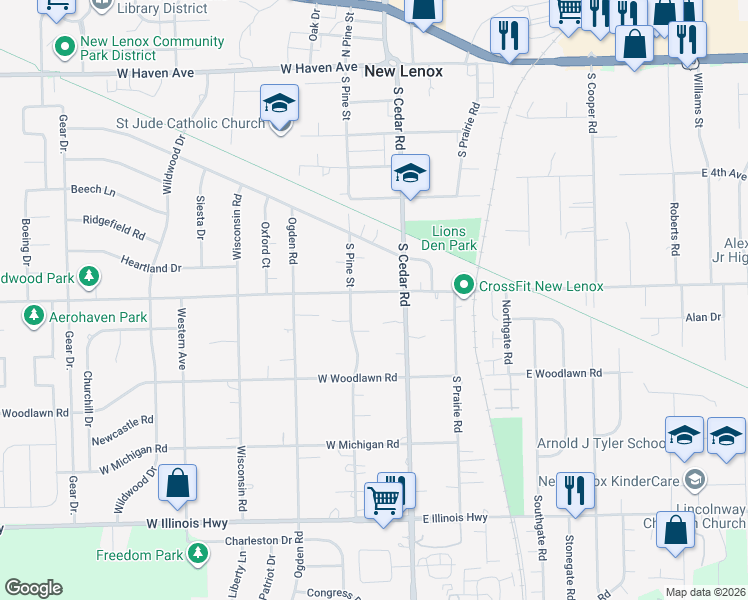 map of restaurants, bars, coffee shops, grocery stores, and more near 128 West Joliet Highway in New Lenox