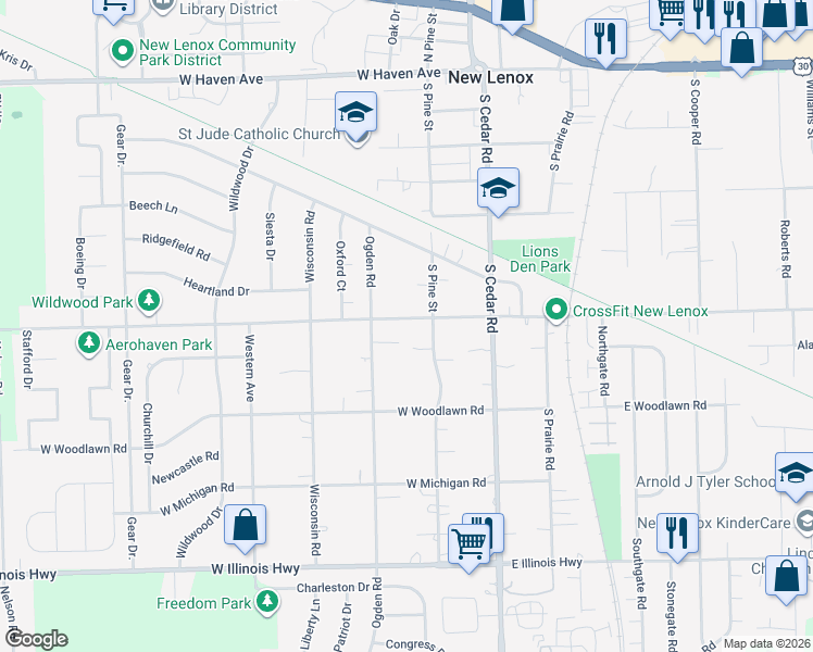 map of restaurants, bars, coffee shops, grocery stores, and more near 224 West Joliet Highway in New Lenox