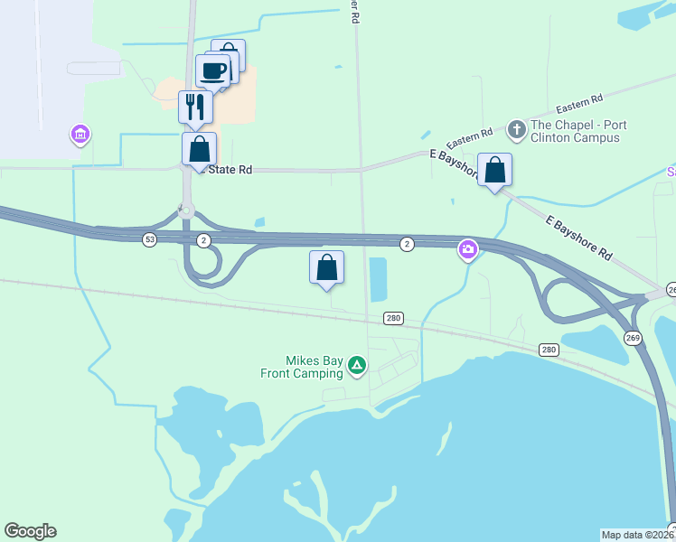 map of restaurants, bars, coffee shops, grocery stores, and more near 4125 E Kirk Rd in Port Clinton