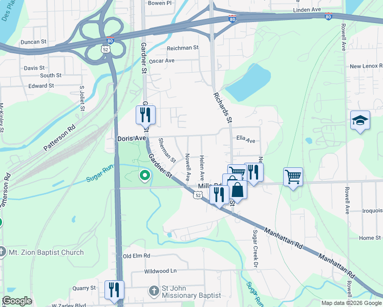 map of restaurants, bars, coffee shops, grocery stores, and more near 1016 Nowell Avenue in Joliet