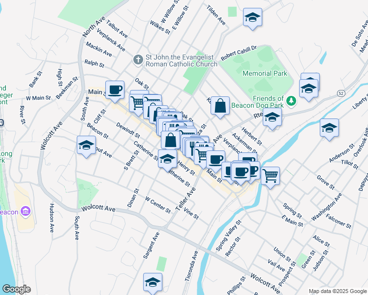 map of restaurants, bars, coffee shops, grocery stores, and more near 344 Main Street in Beacon