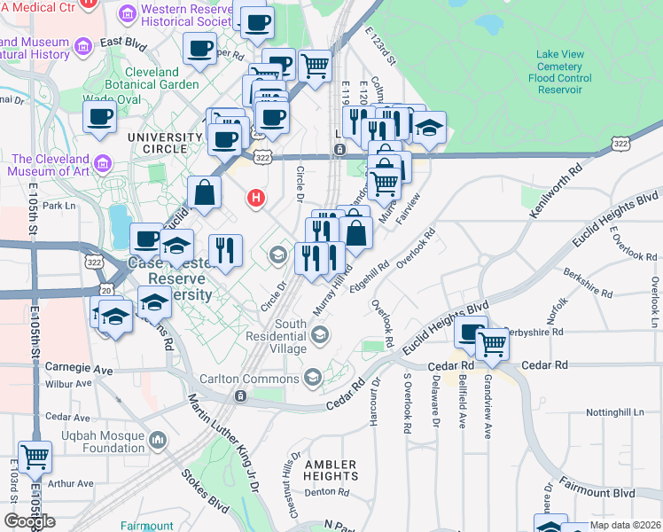 map of restaurants, bars, coffee shops, grocery stores, and more near 2185 Cornell Road in Cleveland
