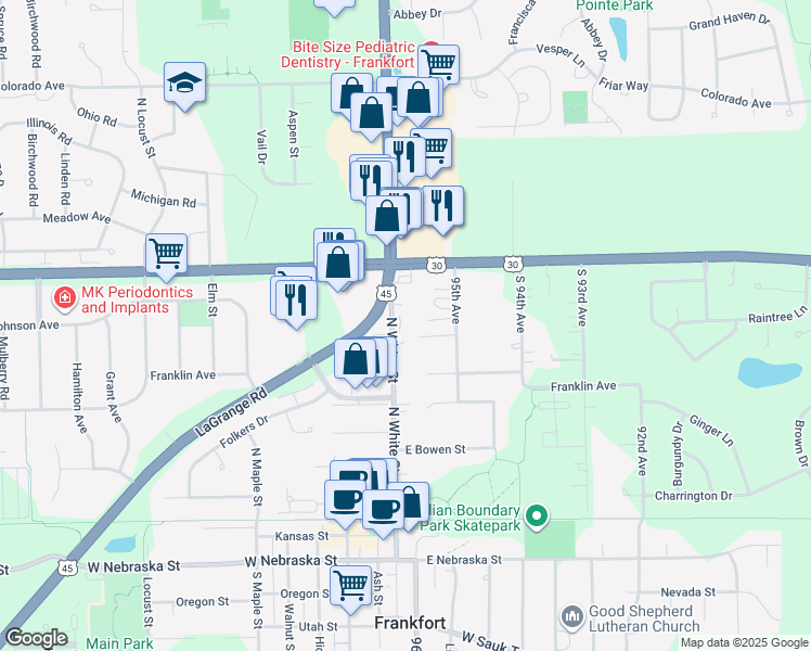 map of restaurants, bars, coffee shops, grocery stores, and more near 317 White Street in Frankfort