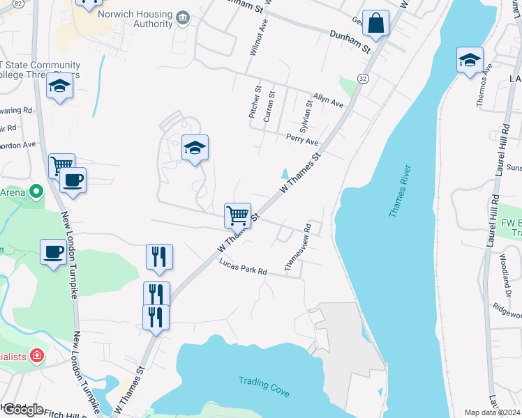 map of restaurants, bars, coffee shops, grocery stores, and more near in Norwich