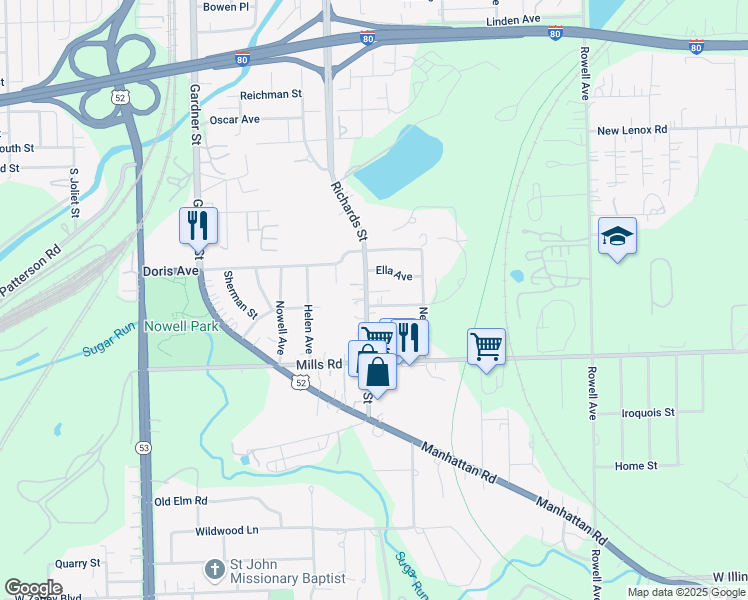 map of restaurants, bars, coffee shops, grocery stores, and more near 1016 Richards Street in Joliet