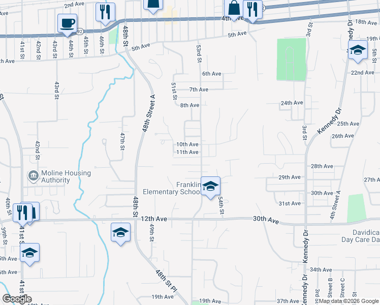 map of restaurants, bars, coffee shops, grocery stores, and more near 1023 53rd Street in Moline