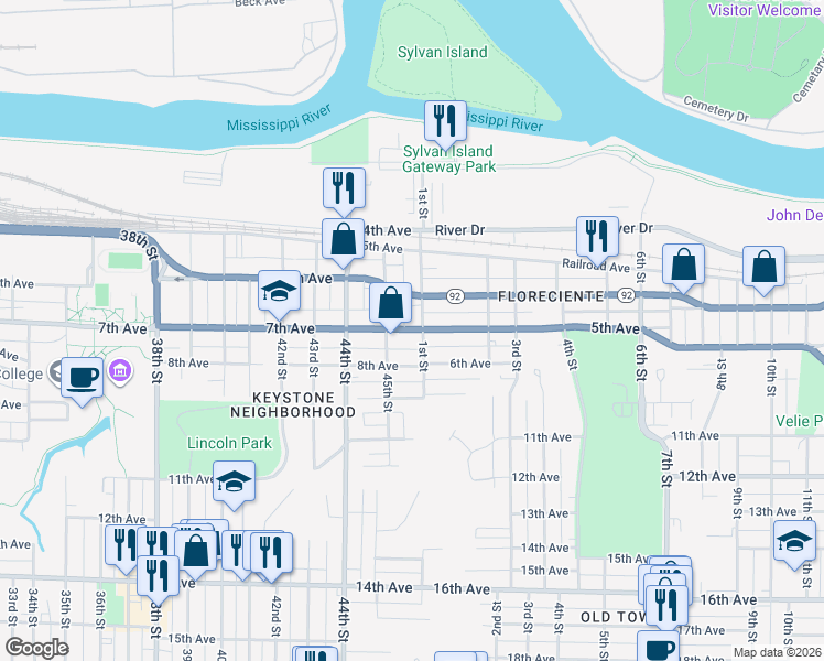 map of restaurants, bars, coffee shops, grocery stores, and more near 103 5th Avenue in Moline