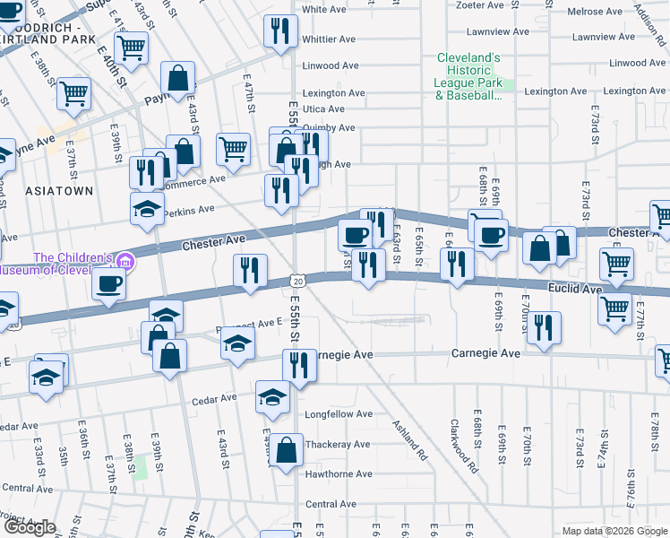map of restaurants, bars, coffee shops, grocery stores, and more near 5805 Euclid Avenue in Cleveland