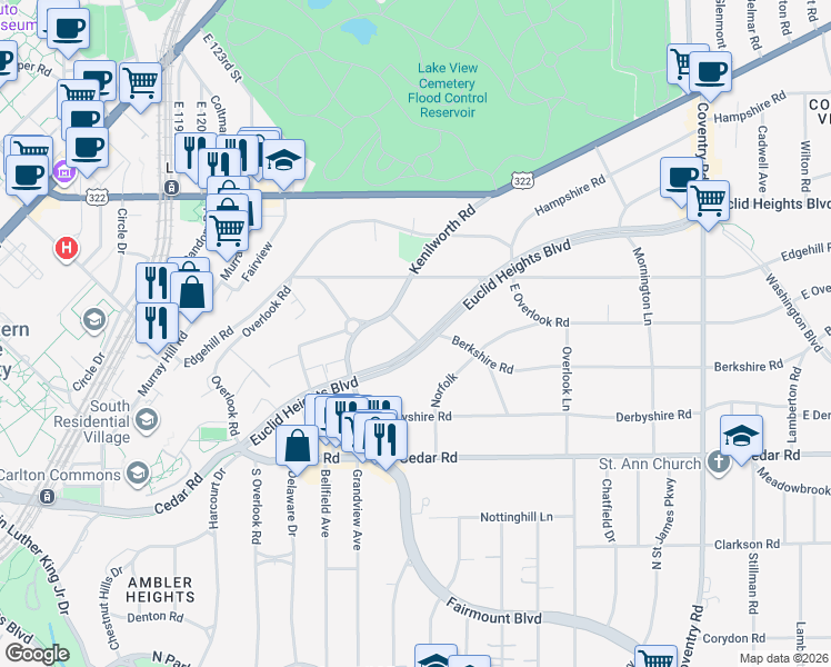 map of restaurants, bars, coffee shops, grocery stores, and more near 2511 Euclid Heights Boulevard in Cleveland Heights
