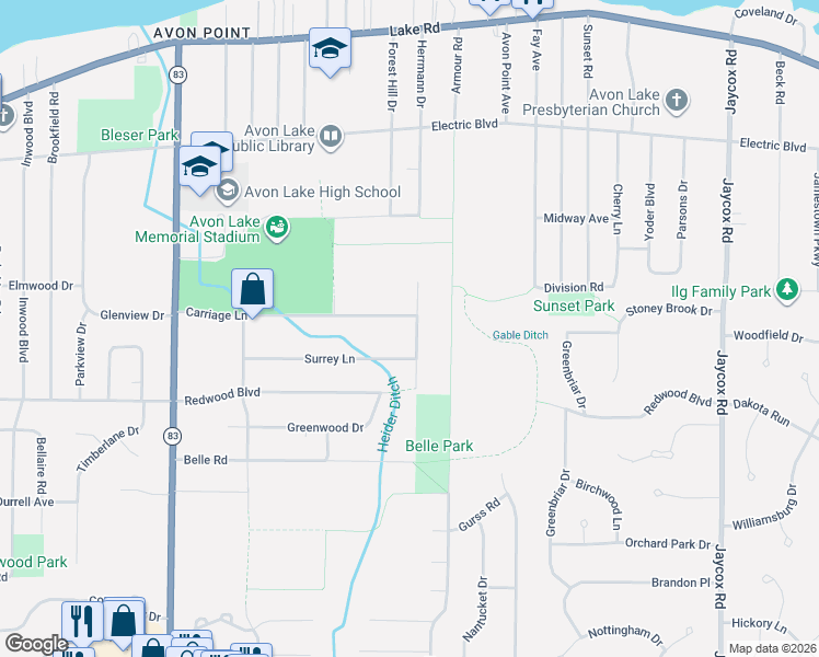 map of restaurants, bars, coffee shops, grocery stores, and more near 32561 Carriage Lane in Avon Lake