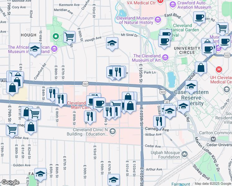 map of restaurants, bars, coffee shops, grocery stores, and more near 1945 East 97th Street in Cleveland