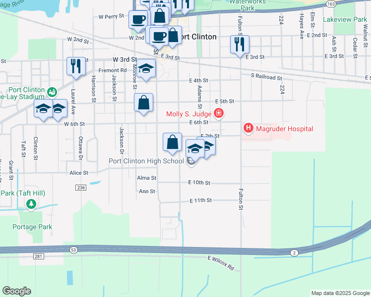 map of restaurants, bars, coffee shops, grocery stores, and more near 807 Jefferson Street in Port Clinton