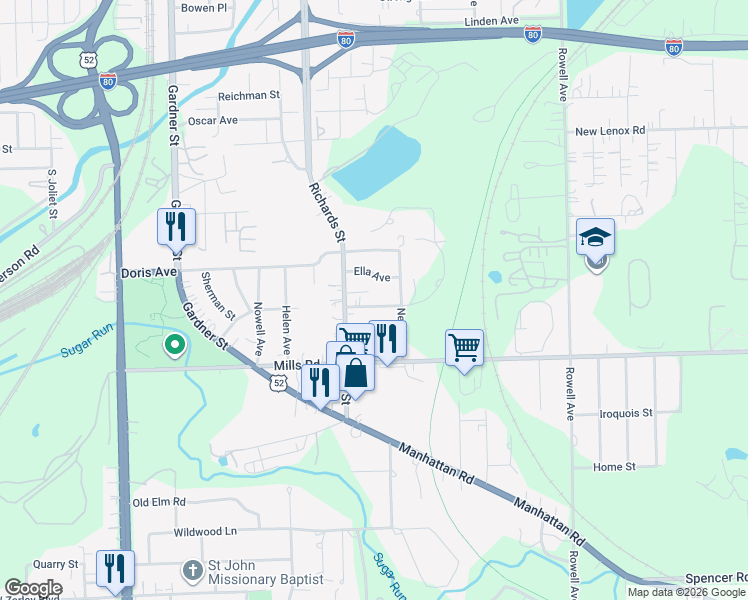 map of restaurants, bars, coffee shops, grocery stores, and more near 407 David Avenue in Joliet
