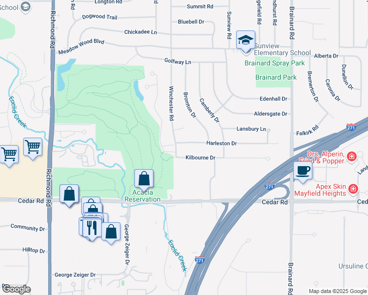 map of restaurants, bars, coffee shops, grocery stores, and more near 5372 Harleston Drive in Lyndhurst