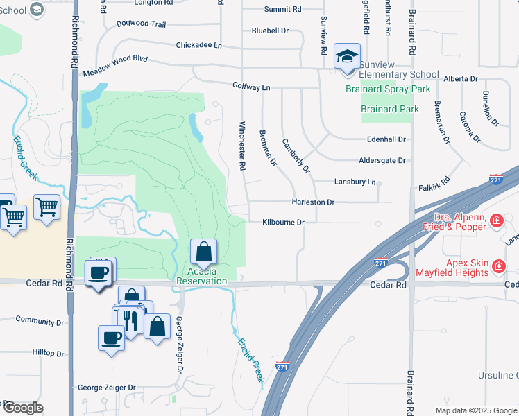 map of restaurants, bars, coffee shops, grocery stores, and more near 5372 Harleston Drive in Lyndhurst