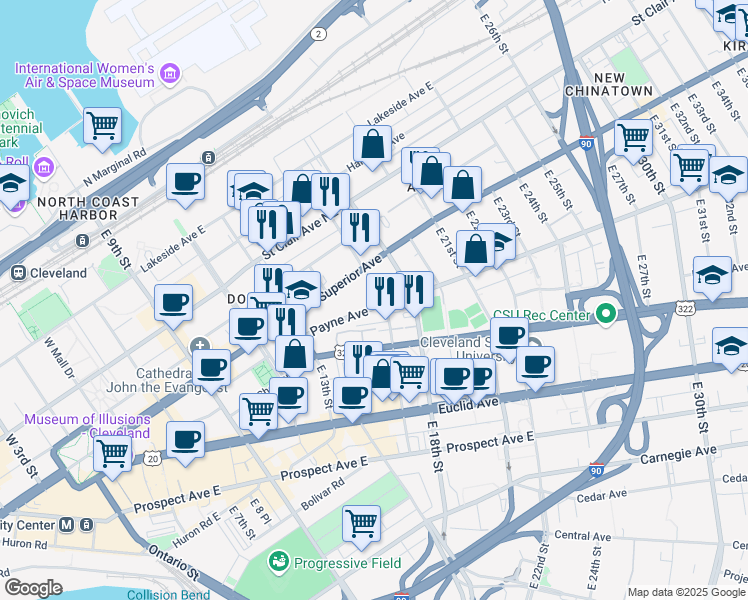 map of restaurants, bars, coffee shops, grocery stores, and more near 1641 Payne Avenue in Cleveland