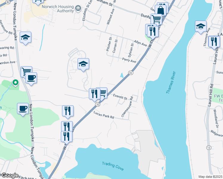 map of restaurants, bars, coffee shops, grocery stores, and more near in Norwich
