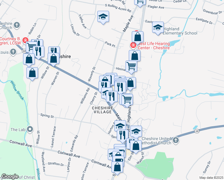 map of restaurants, bars, coffee shops, grocery stores, and more near 218 Maple Avenue in Cheshire