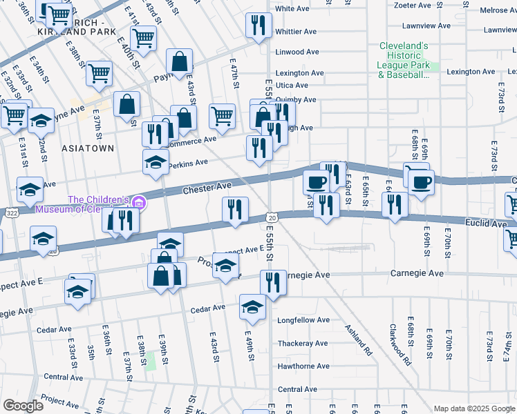 map of restaurants, bars, coffee shops, grocery stores, and more near 5309 Euclid Avenue in Cleveland