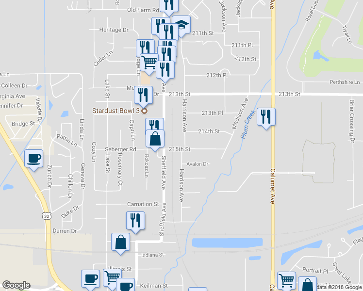map of restaurants, bars, coffee shops, grocery stores, and more near 1442 Harrison Avenue in Dyer